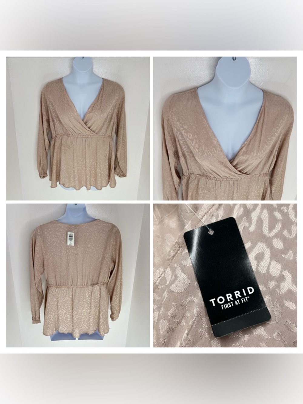 Torrid NWT Taupe Jacquard V-Neck Wrap Front Top Size 1X Long Sleeve‎ Leopard $49